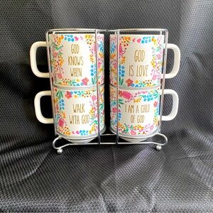 Carly & Rose | Christian Floral Coffee Mugs. 4 pack with Metal Storing Rack. NWT